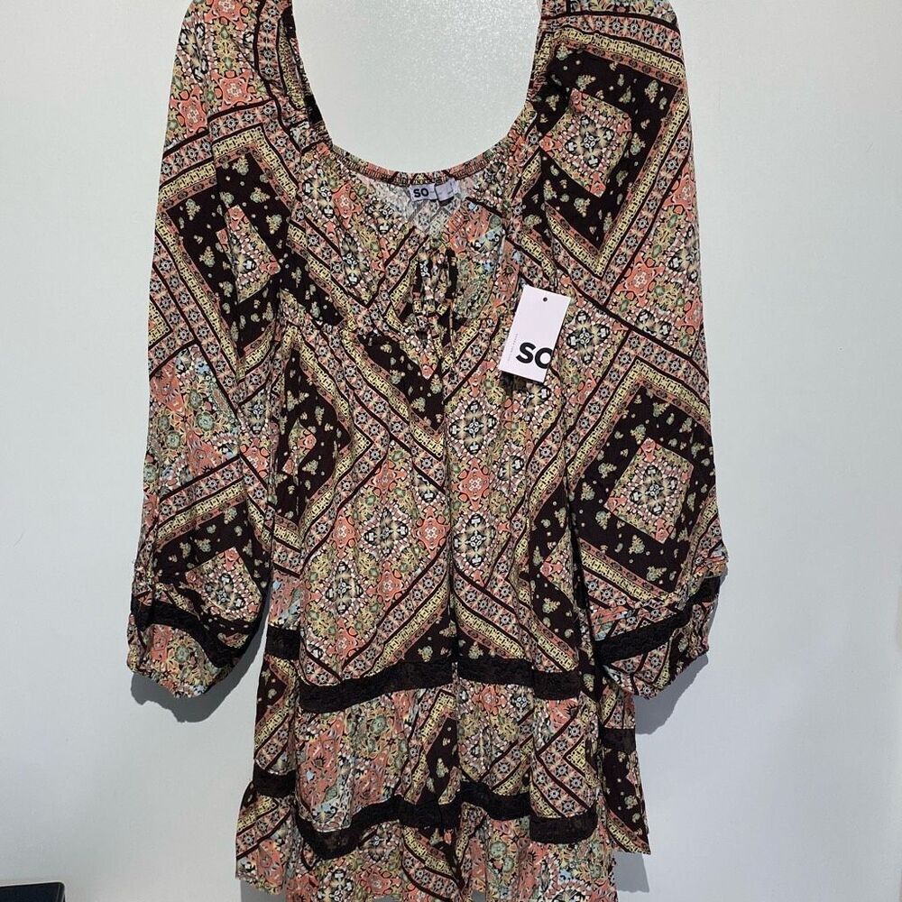 SO Women's Brown Multi Lace Inset Tiered Long Sleeve Babydoll Dress Medium NWT‎